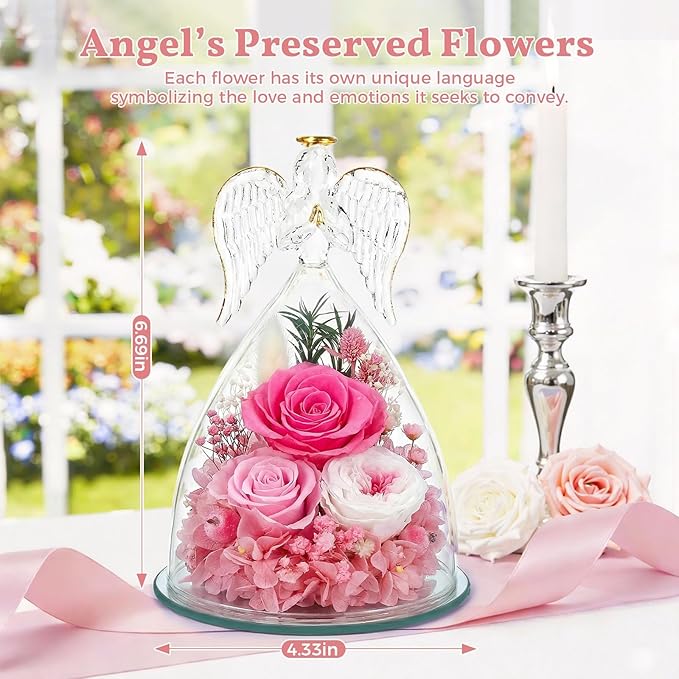 TranquilBliss Gifts for Mom, Flowers for Mother’s Day, Preserved Rose in Glass Dome with Light, Angel Figurines for Her Birthday, Valentine’s Day for Wife, Grandma, Women - Pink