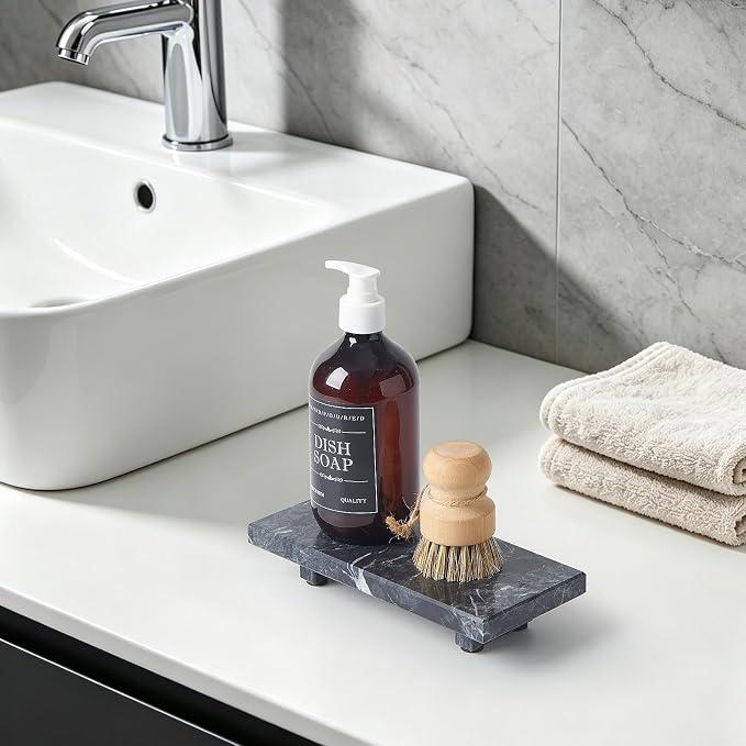 Natural Marble Tray Pedestal Stand – Soap & Jewelry Riser for Bathroom Counter, Kitchen Sink, Vanity Organizer, Decorative Stone Catchall for Perfume, Candles (Black, 8.7" x 4" x 1.6")