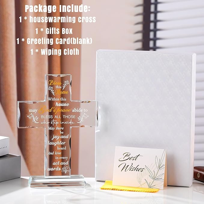 Ornalrist Housewarming Gifts New Home Glass Stand Cross Religious Keepsake, House Warming Gift for Couples, Women, Men - Christian Families Decor