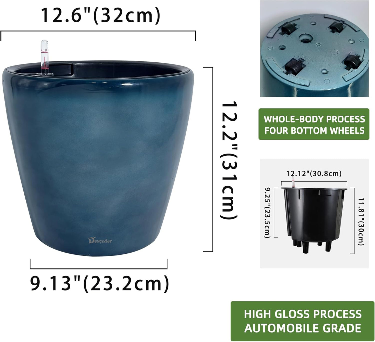 Dexceder 13x12 Self Watering Planter with Wheels Indoor Outdoor, Inner Pot Design, Thickened Large Floor Standing Flower Plant Pot with Water Level Indicator (Grayish Green Gradient)