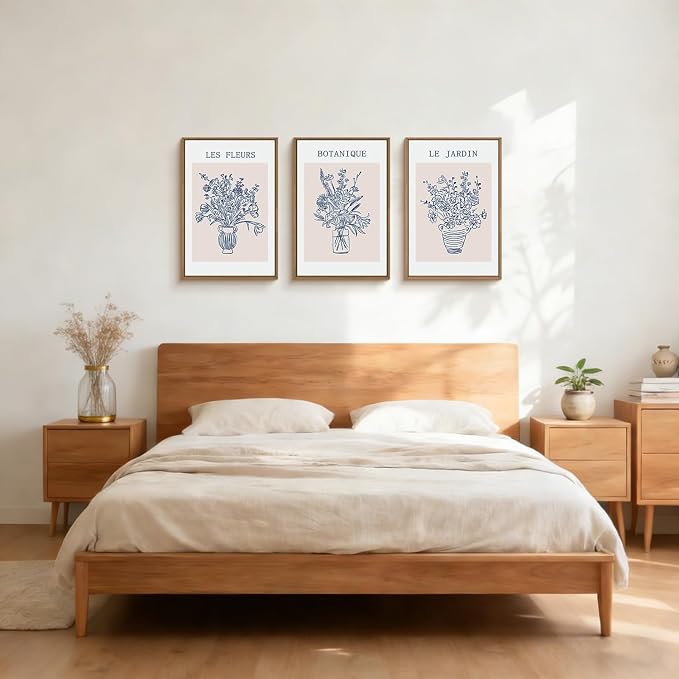 LHIUEM Blue Botanical Flower Framed Canvas Wall Art,Modern Aesthetic Wall Decor,Abstract Navy Blue Painting,Minimalist Line Wildflower Artwork for Living Room,Bedroom,Dining Room -16"x24"x3