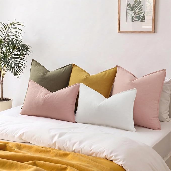 decorUhome Summer Decorative Linen Throw Pillow Covers 12x20 Inch Set of 2 Pink Lumbar Pillow Covers with Flange Edges Soft Farmhouse Boho Accent Pillow Cases for Couch Bed Living Room