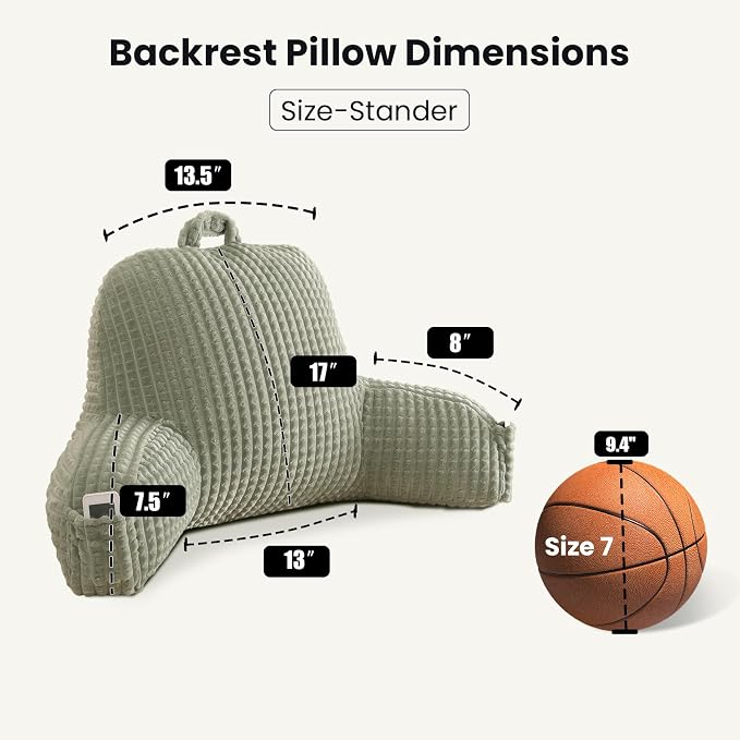 Reading Pillow with Arms for Sitting in Bed,Backrest,Green Flannel,M | 17" Backrest Supports Back for College Students,Elbows & Forearms for Dorm Reading,Gaming,Watching TV