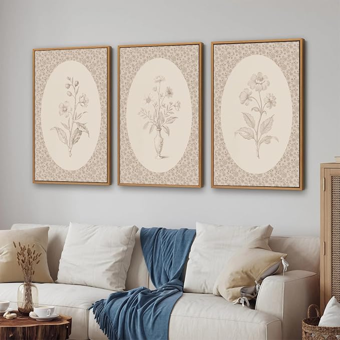 Rantodecor Vintage Flower Framed Canvas Wall Art Triptych, Rustic Floral Wall Decor, Retro Sketch Botanical Art Paintings, Antique French Cottage Artwork for Girls Bedroom Living Room Bathroom 24"x36"