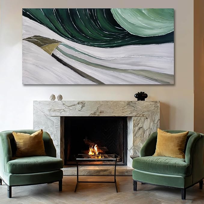 MLART99 Large Abstract Wave Painting Green and White Modern Canvas Wall Art Painted Line Texture for Bedroom Living Room Home Decor 29x58 Inch