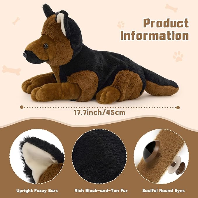 MorisMos 4Pcs German Shepherd Stuffed Animals, 18 Inch Mommy with 3 Puppies, Soft Fluffy Animal Dog Plush Toys Gifts for Kids, Dog Lover
