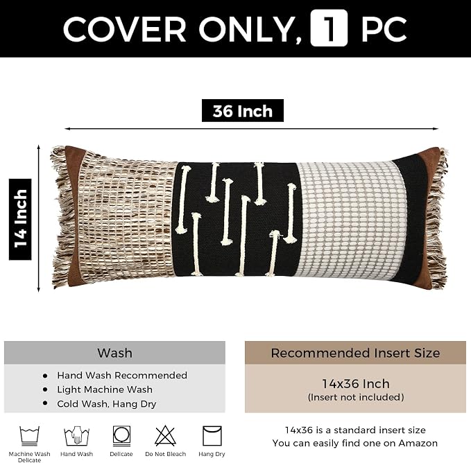 Boho Lumbar Pillow Cover 14x36 with Handmade Drawn Work Tassel | Long Lumbar Pillow Decorative Farmhouse Pillows Cushion Case for Bed Couch