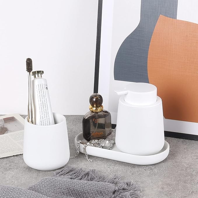 BosilunLife Ceramic Bathroom Accessories Set 3 Pcs, Liquid Soap Dispenser and Toothbrush Holder with Tray, Modern Farmhouse Vanity Decor, White Housewarming Gift