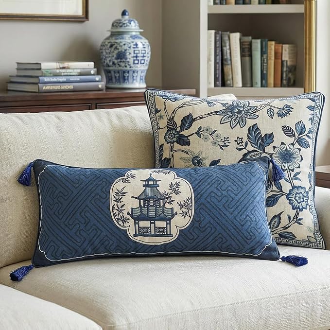 bilin gaier Designer Vintage Linen Throw Pillow Cover,28"x12"-Suqing B | Chinoiserie Elegant Rectangular Blue Pillow Cover,Concealed Zipper,Sofas,Bedroom,Living Room,Dining,Lounge Chairs
