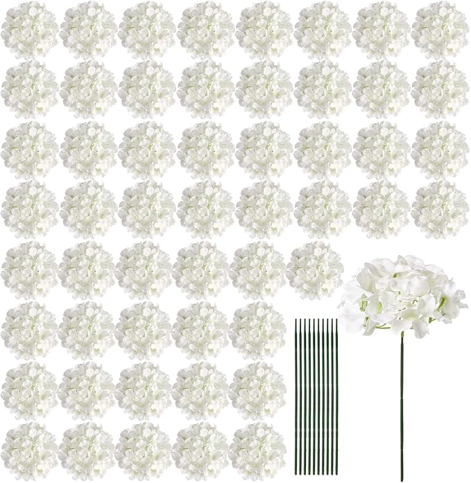 Auihiay 64 PCS Artificial Hydrangea Flowers, Silk Hydrangea Full Flowers Heads with Stems for Wedding Centerpieces, Home, Garden, Baby Shower, Party Decoration (Ivory)