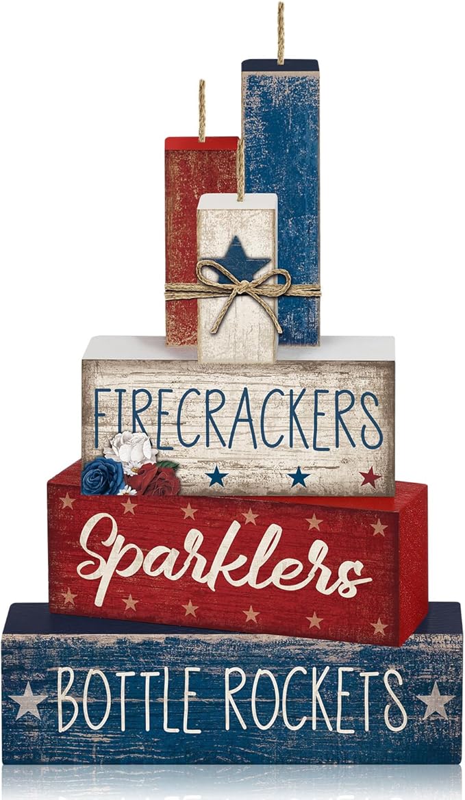 CroBlissful 4 Pcs 4th of July Decorations Patriotic Memorial Day Tabletop Decorations Red White Blue Table Centerpieces Sign for Office Tiered Tray Home Shelf 250th Anniversary(Firecrackers)