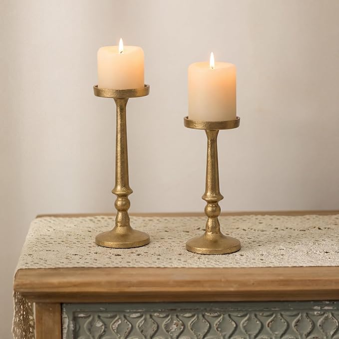 Set of 2 Gold Antique Brass Candlestick Holder Vintage Cast Iron Tall Candle Stand for 3 Inch Pillars Heavy Metal Candle Stand for Party Table Decor