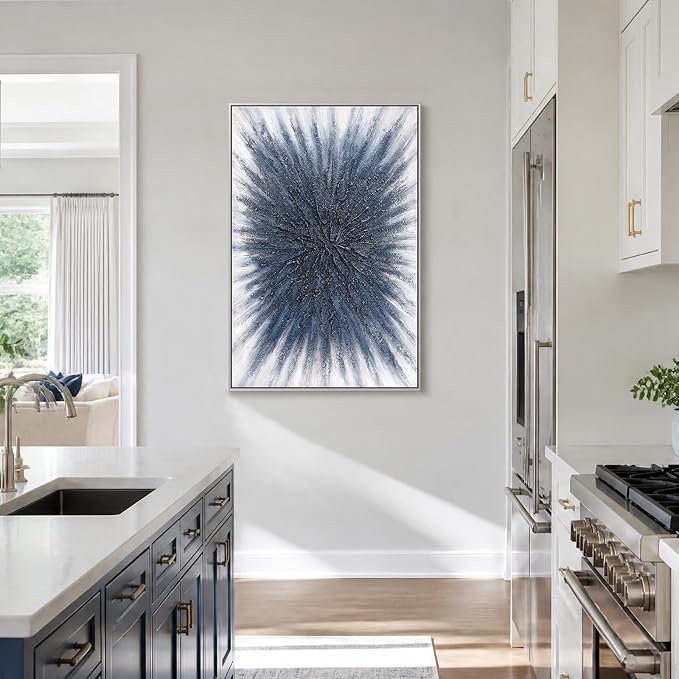 SAFERRYHOME Abstract Hand Painted Wall Art, Navy Blue, 24"x36" Framed | Shimmering Blue 3D Textured Framed Wall Decor, Modern Painting Radiant Burst Geometric Artwork for Home Office Living Room