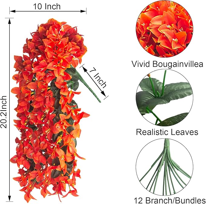 Grunyia 4 Pack Faux Bougainvillea Artificial Flowers, UV Resistant Silk Trailing Vines for Outdoors (Orange)