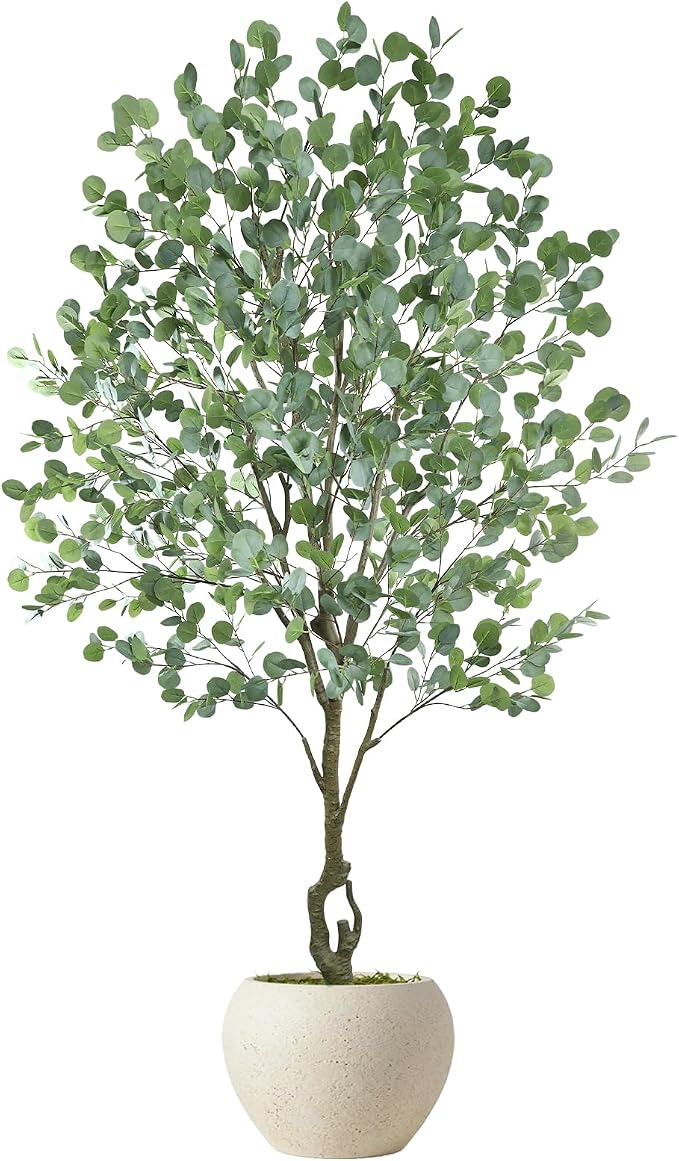 Caxchiling Large Artificial Eucalyptus Tree 7FT, Indoor Outdoor Faux Tree | Natural Trunk with White Planter for Home Office Living Room Front Door Decor