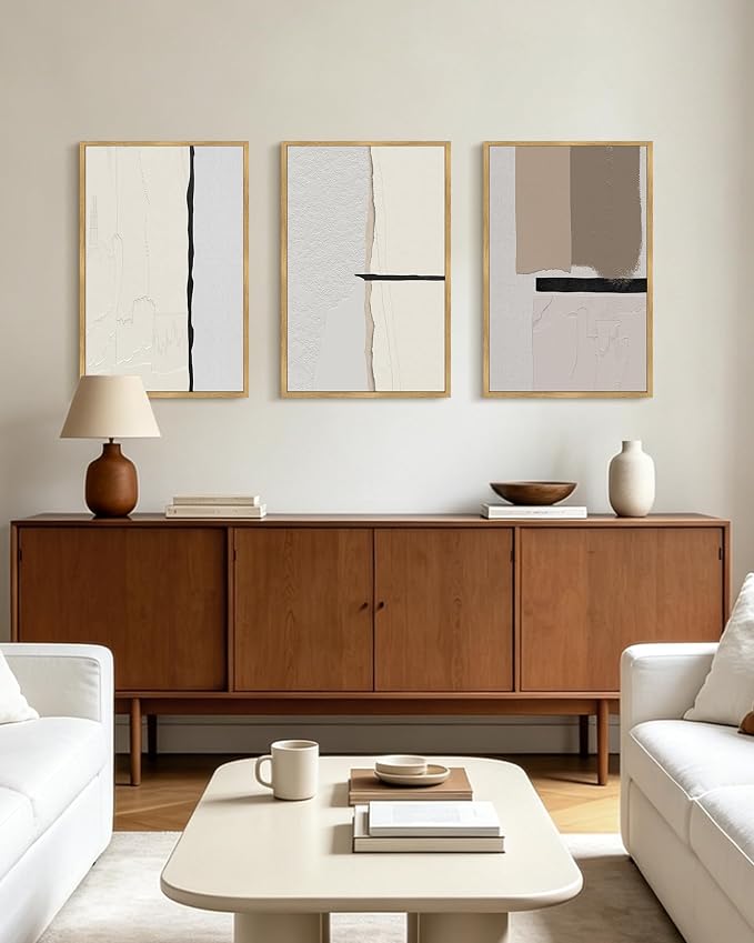 PHOPAGO Neutral Abstract Framed Wall Art Large 16x24in Beige Mid Century Textured Wall Decor Minimalist Modern Illustrations Prints for Ding Room Bedroom Decor - Natural Framed