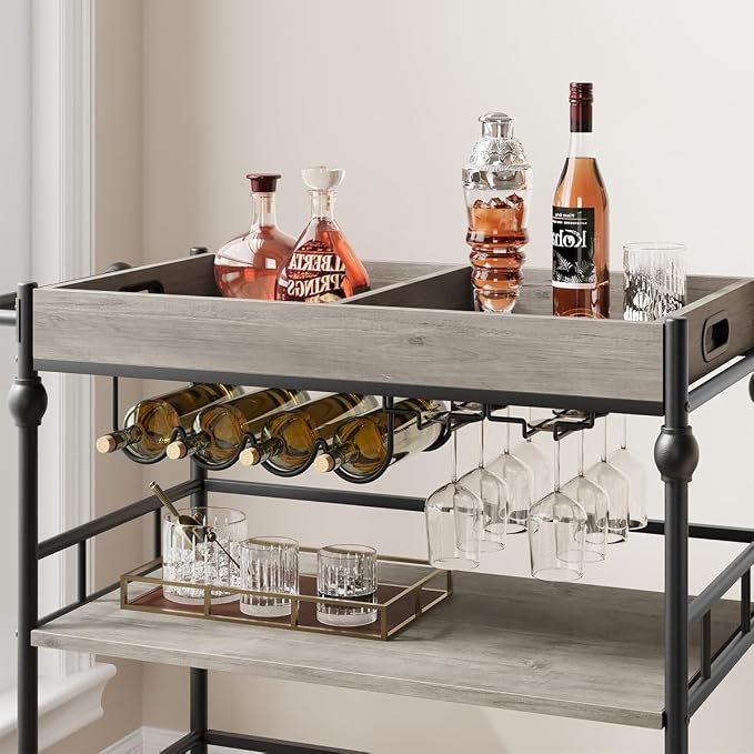 IDEALHOUSE Bar Cart, Bar Carts for the Home, 3 Tier Bar Cart with Wheels, Portable Home Bar & Serving Carts, Rolling Cart with Wine Rack and Removable Tray for Living Room, Kitchen, Dining Room