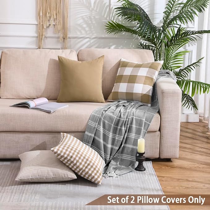 CARRIE HOME Brown Khaki Tan Striped Decorative Pillow Covers 18x18 Set of 2, Neutral Modern Farmhouse Dark Brown Couch Throw Pillows for Living Room 18 x 18 (No Pillow Inserts)