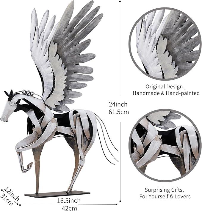 SunBlogs Art Horse Statue Décor Artwork, 24" H Handmade Metal Pegasus Greek Flying Horse Sculpture, Hand-Painted Animal Figurines for Home Living Room Office (Vintage White with Wings)