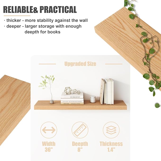 FLYJOE Floating Shelves for Wall, USA-Sourced Oak Wood 36 Inch Long Wall Shelves Set of 2, Natural Wooden Wall Mounted Picture Ledge Shelf, Nursery Book Storage Shelf Kids Bookshelf, Display Shelf