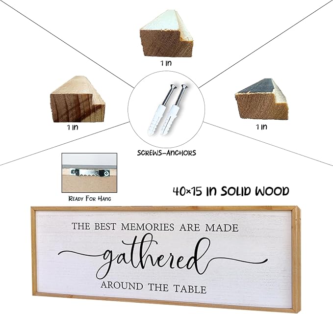 The Best Memories Are Made Gathered Around The Table Wall Decor 40"x15" Large Rustic Farmhouse Dining Room Wood Framed Modren Signs Kitchen Home Simple Hanging Wall Art (Wood)