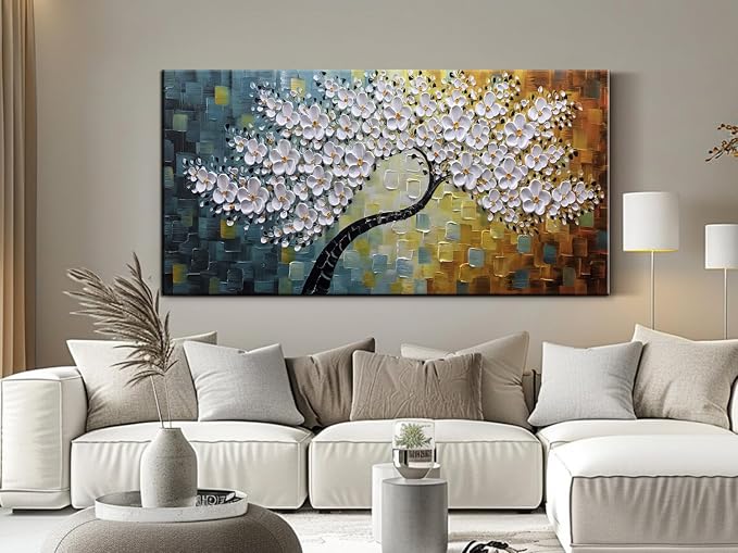 YaSheng Art - Wall Art Oil Painting ,100% Hand Painted 3D Texture Wall Art Artwork White Flower Tree Paintings ,Abstract Canvas Wall Art ,Bedroom Dining Room Living Room Modern Wall Art Decor Home , Framed Wall Art Picture 24x48inch
