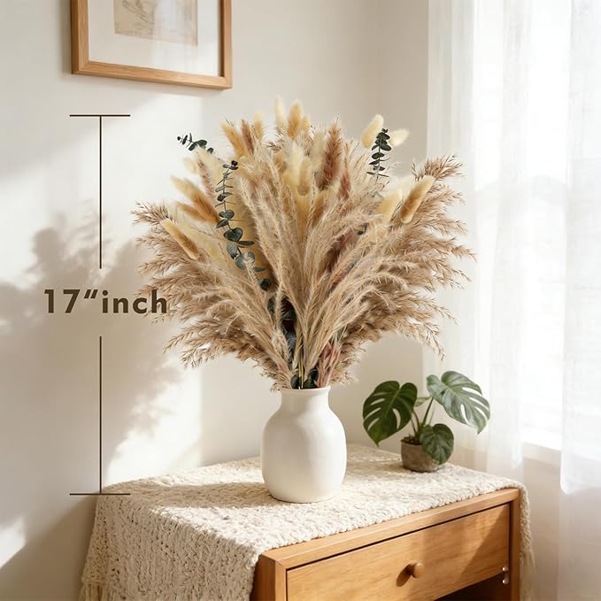 125Pcs Natural Dried Pampas Grass Decor 7 Types Dried Flowers for Vase Boho Pampas Bouquet, Farmhouse Decor Wedding Valentine Day Centerpiece for Table and Home Decoration 17''