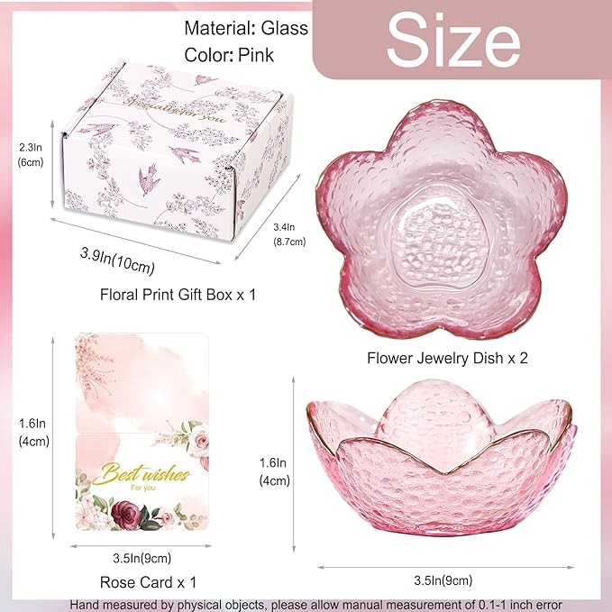 Gifts for Women Trinket Dish Flower Jewelry Dish Pink Glass Ring Holder Jewellery Tray Cute Room Decor Aesthetic Bedroom Accessories Unique Birthday New Home Mothers Day Gifts for Women Friends(2 pcs)
