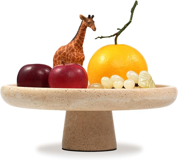 Marble Fruit Bowl for Kitchen - 9.9" Travertine Decorative Stone Pedestal Bowls for Home Decor, Footed Fruits Holder For Dining Table Counter Organization