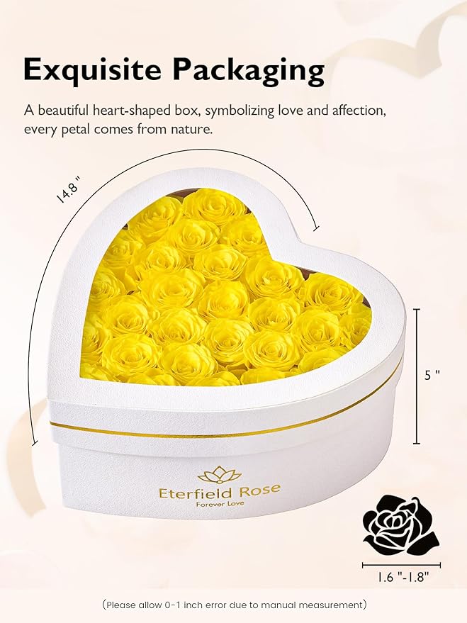 Eterfield 27 Forever Flowers in Heart Shape Box, Preserved Roses That Last a Year Preserved Flowers Birthday Gifts for Her Mom Women Wife Anniversary Valentines Day Mothers Day Christmas, Yellow