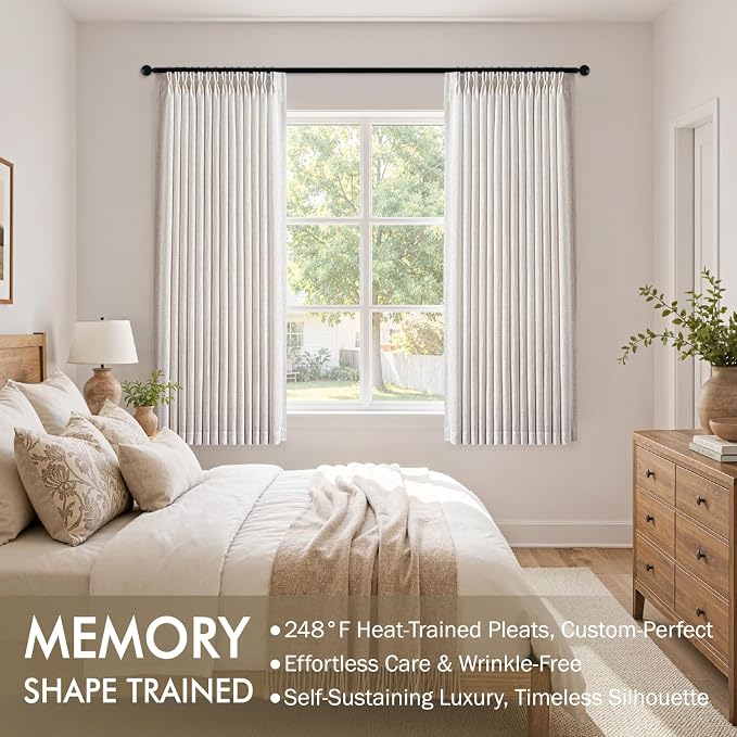 MIULEE Pinch Pleated Thick Linen Curtains 45 Inches Long 2 Panels for Kitchen Bedroom Basement, Linen Textured Memory Trained Drapes Pleat Back Tab Light Filtering Natural Small Short Window Curtains
