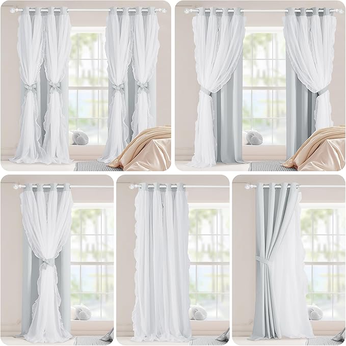 PONY DANCE Shabby Chic Curtains for Bedroom Double Layer White Ruffle Sheer Overlay with Tiebacks French Country Drapes for Bedroom Decor, 52" W x 84" L, Greyish White, 2 Pieces
