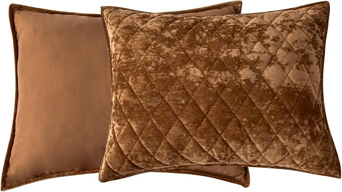 Fredsure Distressed Velvet Quilt Set, 3 Pieces Camarel Gold Queen, Distressed Velvet Face and Brushed Microfiber Reverse, with Diamond Quilting