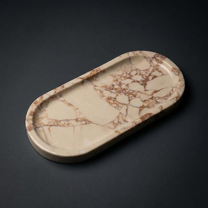 OOBOOB Oval Natural Marble Bathroom Tray for Decor Countertop, Marble Vanity Tray for Candles Perfume, Jewelry, Cosmetics, Elegant Vanity Organizer for Jewelry, Perfume
