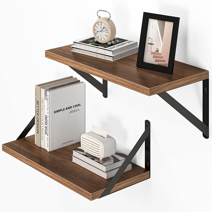 Vivelove 8 Inch Deep Floating Shelves for Wall, 16W x 8D Wood Wall Shelves Set of 2, Walnut Wide Floating Bookshelf for Living Room, Kitchen, Office, Bedroom, with Black Metal Bracke - Walnut