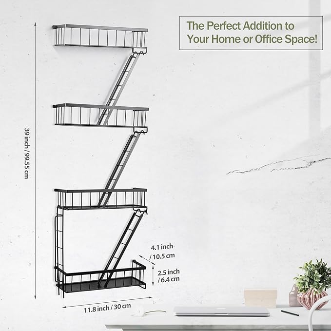 SweetSage Fire Escape Wall Shelf 4 Tier - NYC Decorative Floating Shelf Black Metal Book Shelves for Home Office Apartment Organizer and Display
