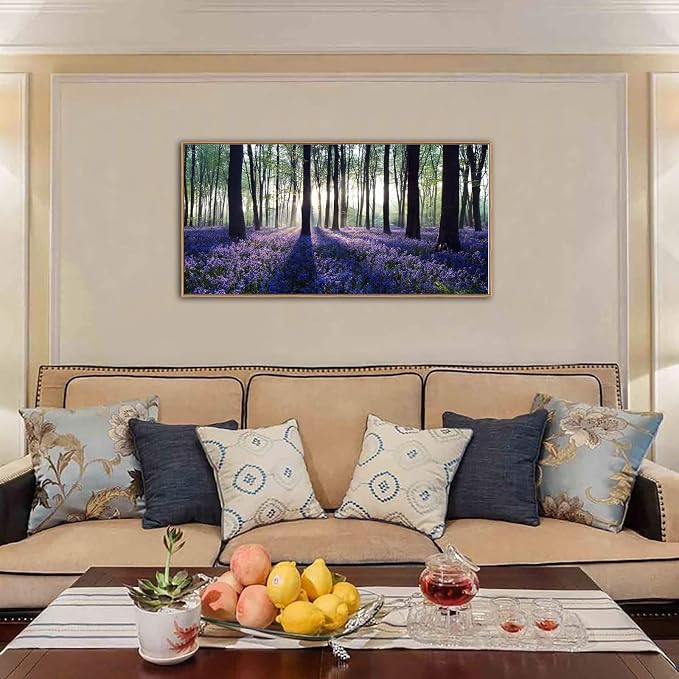 yearainn Framed Lavender Forest Wall Art – Purple Lavender Field with Sunlight through Trees Canvas Picture, Nature Landscape Painting Artwork for Home Wall Decor, Natural Wood Frame, 20" x 40"