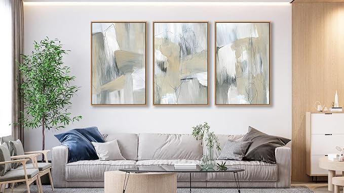 Large Framed Abstract Wall Art for Living Room Decor, Beige, 24X36inX3pcs, Neutral Abstract Painting Artwork Wall Picture, Modern Wabi-sabi Canvas Art Prints for Bedroom Bathroom Office Home