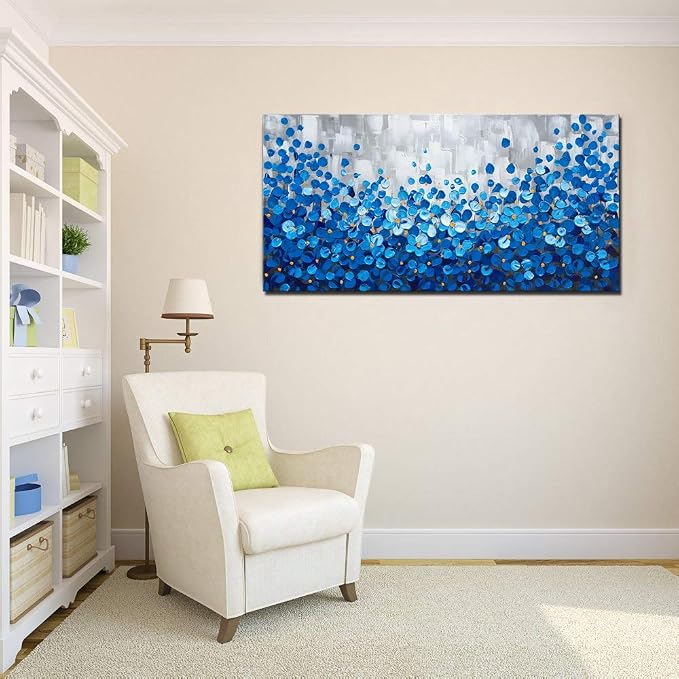 Blue Flower Canvas Wall Art 40x20 inch - Hand Painted Textured Oil Painting, Modern Framed Home Decor, Ready to Hang for Living Room, Bedroom, Office