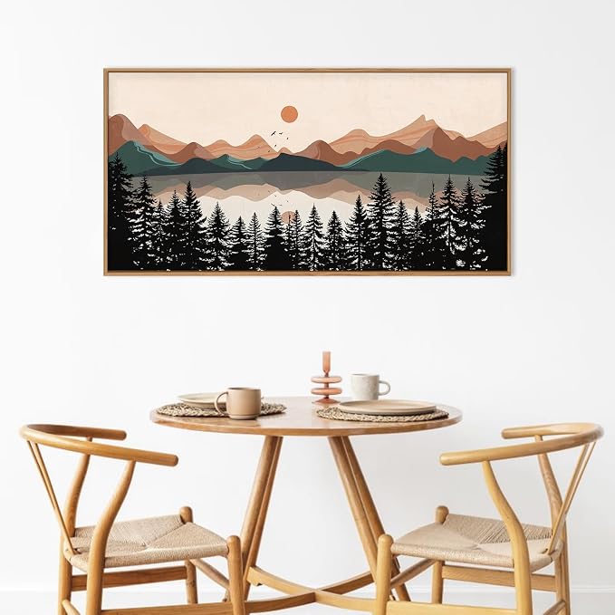 KAIRNE Boho Mountain Sunset Framed Canvas Wall Art Set,Colorful Mid Century Forest Wall Decor,Beige Nature Pine Tree Art Prints,Abstract Modern Landscape Artwork for Living Room,Bedroom,Farmhouse,Office-40"x20"x1