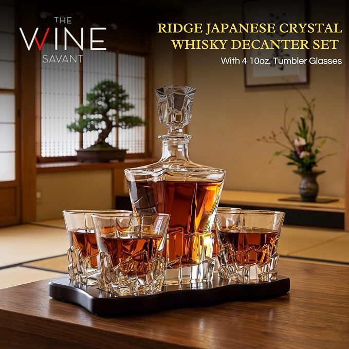 Ridge Japanese Crystal Whisky Decanter Set with 4 Tumbler Glasses, Lead-Free Liquor Carafe & 10oz Rocks Glasses - Scotch Bourbon, Spirits & Wood Base Elegant Barware Gift for Men, Japan Design Gifts