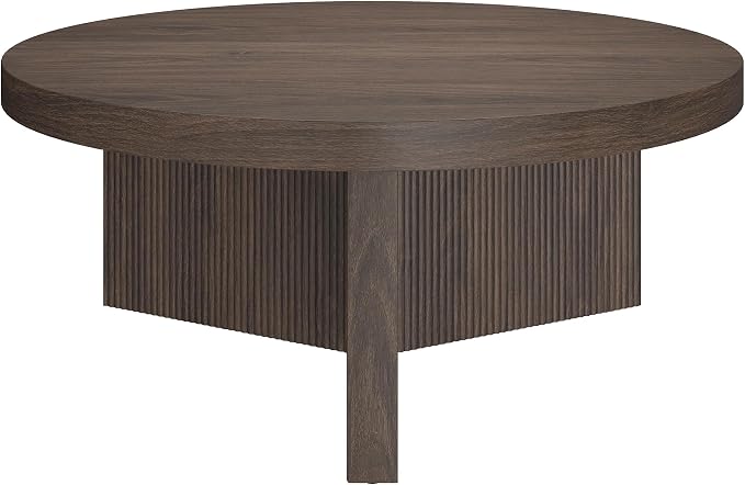 Henn&Hart 36" Fluted Round Low-Profile Coffee Table with Ribbed Pedestal Base Living Room, Family Room, or Office, Rich Brown
