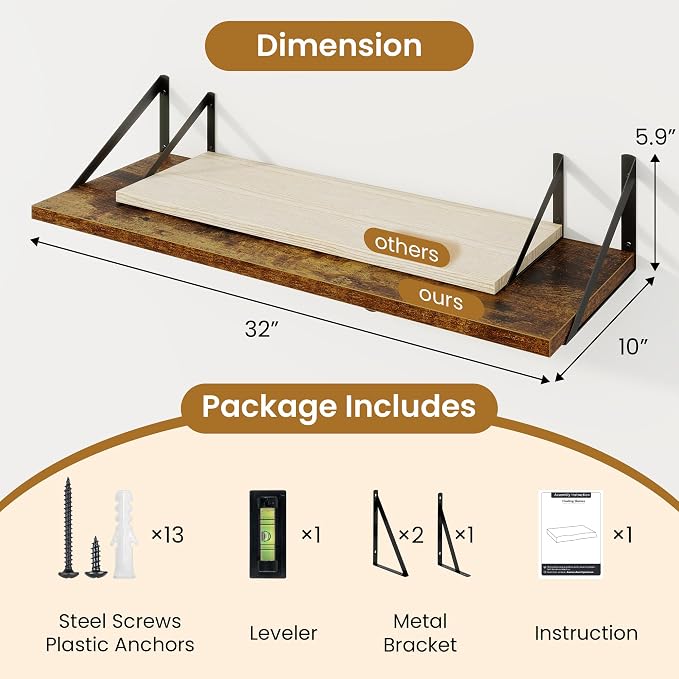 Acovy Floating Shelf for Wall,32" WX10 D Wood Floating Shelves with Sturdy Metal Bracket Set of 2,Wall Mounted Hanging Shelf for Bathroom,Bedroom,Kitchen,Rustic Brown