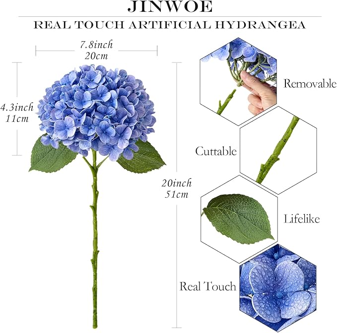JINWOE Hydrangea Artificial Flowers, Lifelike Latex Silk Real Touch Faux Hydrangea Flowers, Artificial Hydrangeas Bouquet for Wedding Centerpieces Tables Party Home (Royal Blue)