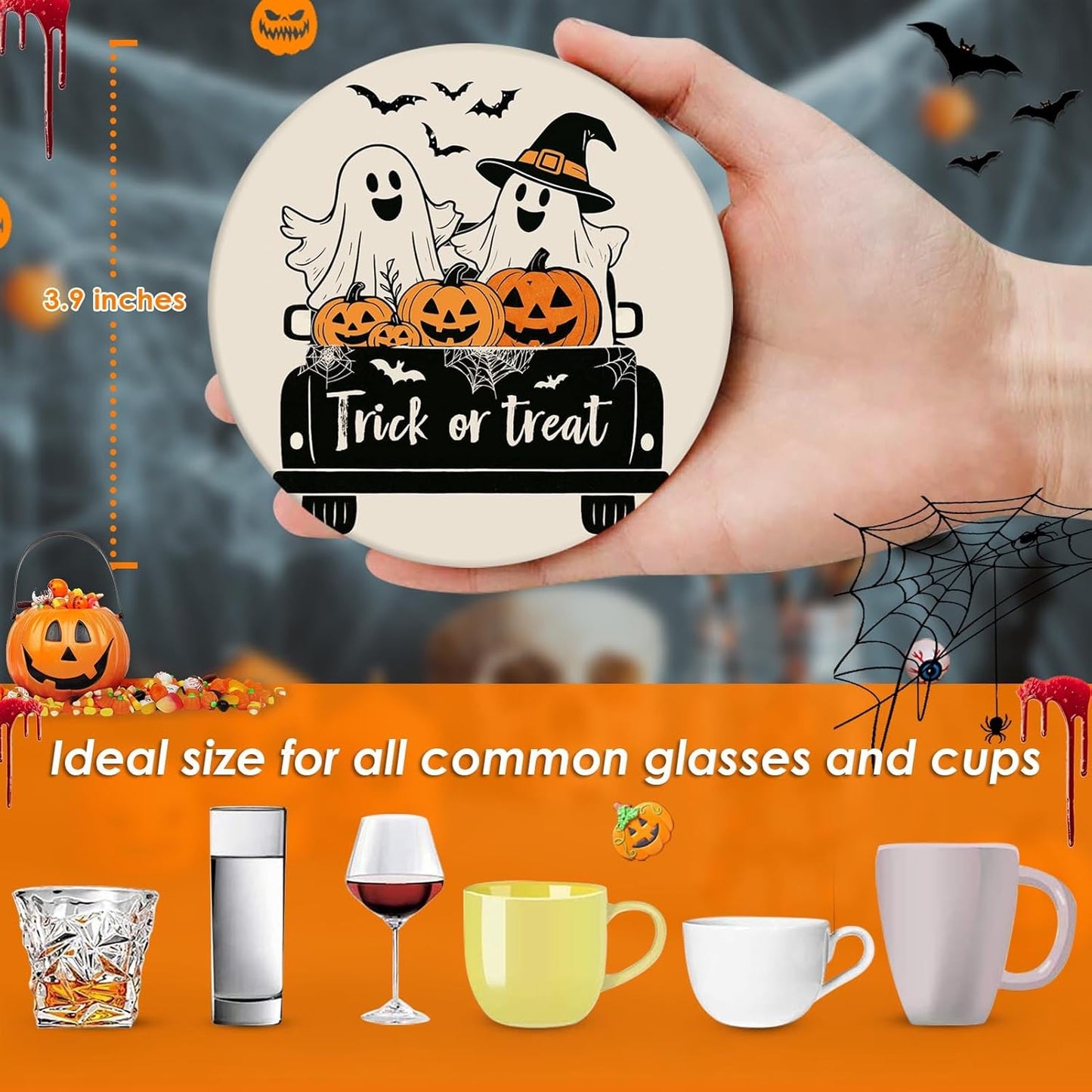 Coaster for Drinks Set of 6, Halloween Black and White Ghost Pumpkins Absorbent Round Ceramic Stone Mat, with Cork Base and Metal Holder, Gift for Housewarming Room Bar Decor