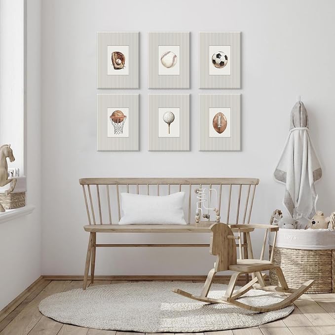 Sports Wall Art Decor Toddler Boys Room Canvas Prints Vintage Sports Nursery Wall Decor Baby Kids Poster Football Baseball Pictures Basketball Artwork for Children Bedroom 8x10x6 Inch Ready to Hang
