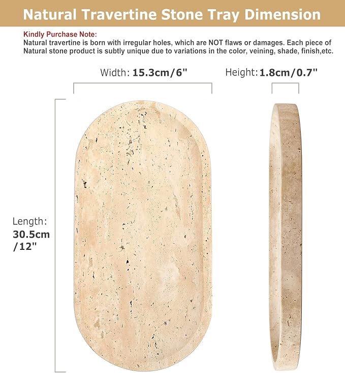 Natural Oval Travertine Vanity Tray 11.8 x 5.9inches, Beige Marble Stone Tray Dish Bathroom Catchall Tray for Jewelry Perfume Candle, Large Decorative Tray for Bedroom/Counter/Home Decor