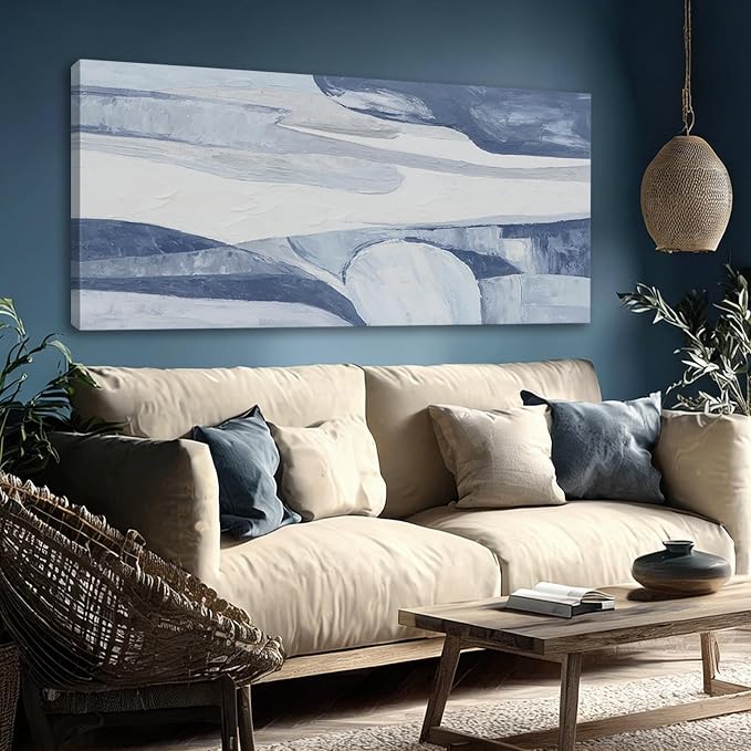 Hue7Art Modern Abstract Canvas Wall Art Blue and White Minimalist Landscape Painting, Soft Flowing Texture Artwork for Living Room Bedroom Office Hallway Wall Decor 24x48 Inch
