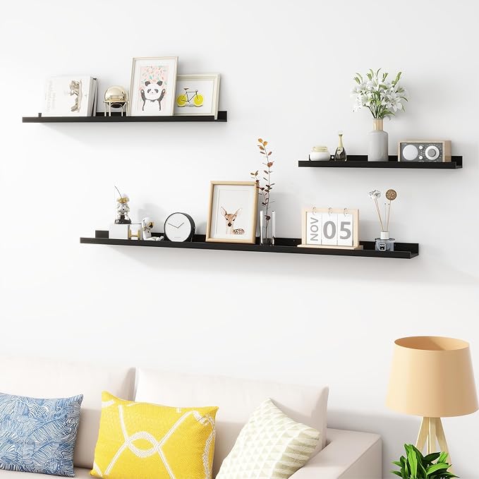 Acovy 24 inch Picture Ledge Shelf, Wood Floating Shelves Set of 4, Black | Wall Mounted, For Living Room Kids' Room Bedroom, Photo Ledge Nursery Book Shelves