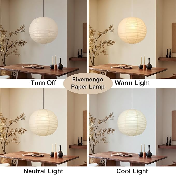 Large Paper Pendant Light with Cord and Canopy, 23.6in Off-White Rice Paper Hanging Lamp, Japanese Japandi Wabi Sabi Lantern Lamp Chandelier for Living Dining Room Bedroom Kitchen 2 Pack